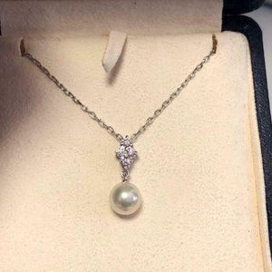 Mikimoto 18KT Pearl & Diamond Pendant with 14" Necklace
